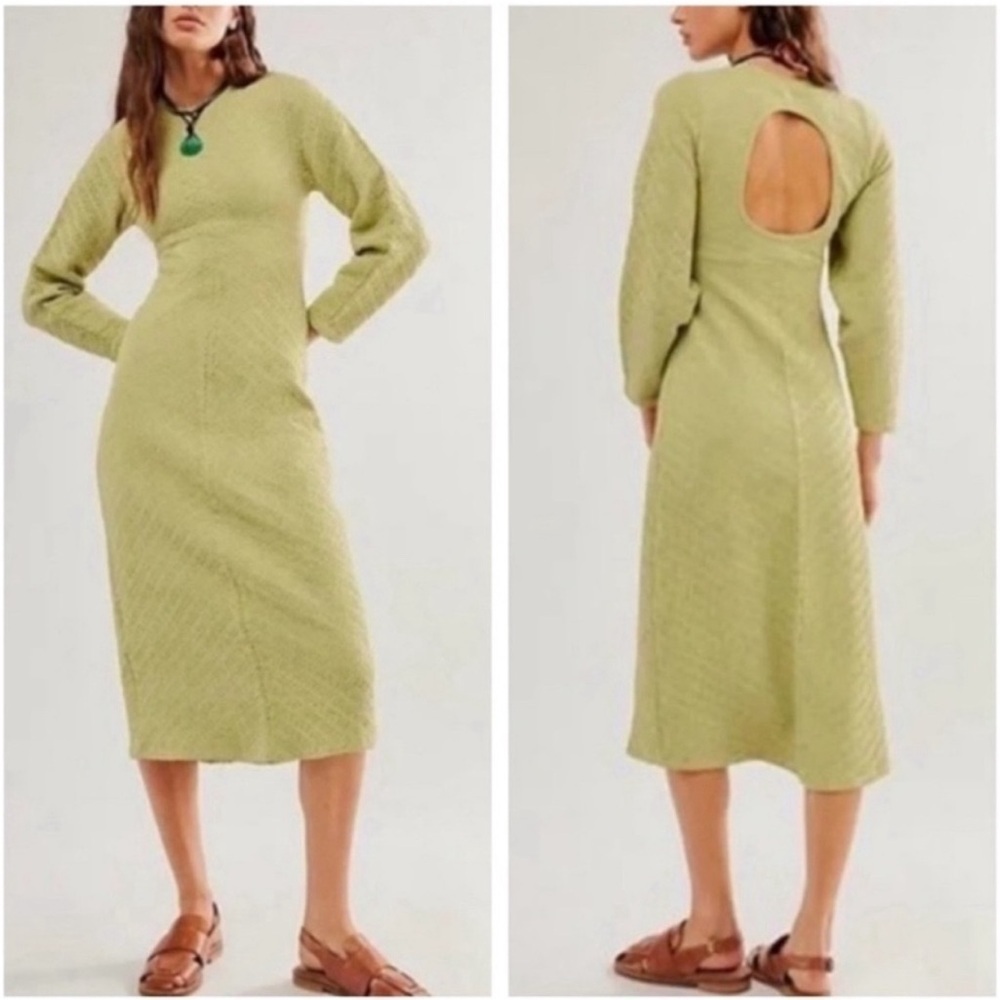 Free People Women's Gabby Seamless Midi Dress Long Sleeve Open Back Green Sz M/L - Picture 1 of 13